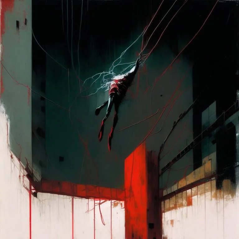 Minimal abstract oil painting of a falling person limbs sinew. Amongst concrete fragments brutalist architecture and hanging wires illuminated at night. Red In the style of Justin Mortimer and Phil Hale and Ashley Wood