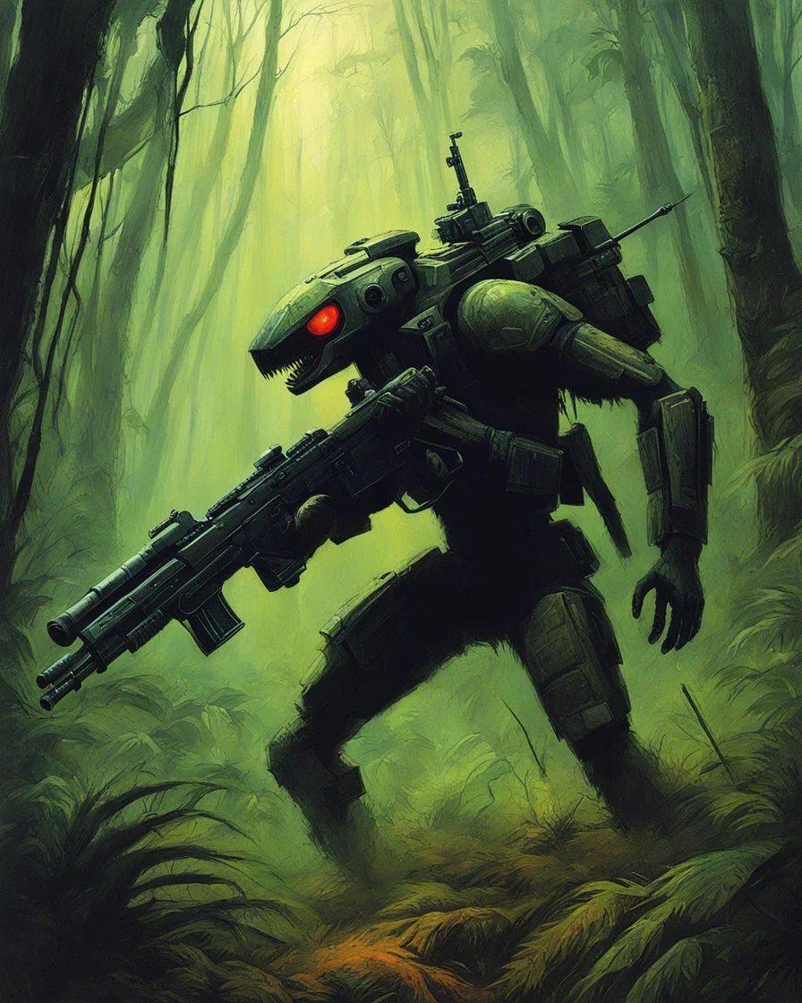 hidden predator [art by John Paul Leon and Zdzislaw Beksinski] in the jungle tactic squadron member trained to kill PREDATORS, predator alien with a lot of mini guns