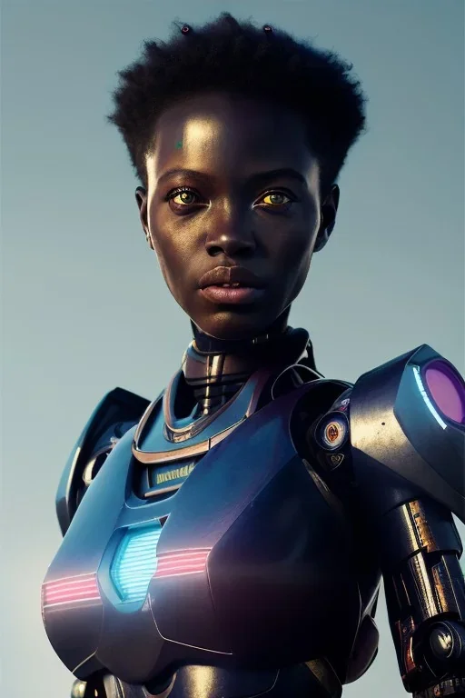 Beautiful portrait of african robot girl post-apocalypse robots in a cyberpunk city, sci-fi fantasy style, 8k,dark