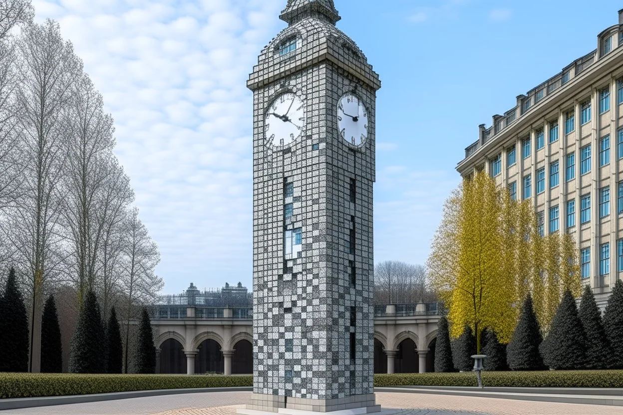 A gray giant and tall clock tower designed in ancient Greek mosaics painted by Rene Magritte