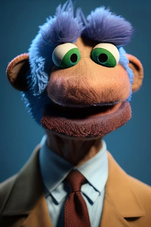 Waist up muppet Portrait, obama as muppet doll, brown hair, blue suit, photo studio, blue background, unreal engine 5, concept art, art station, god lights, ray tracing, RTX, lumen lighting, ultra detail, volumetric lighting, 3d.