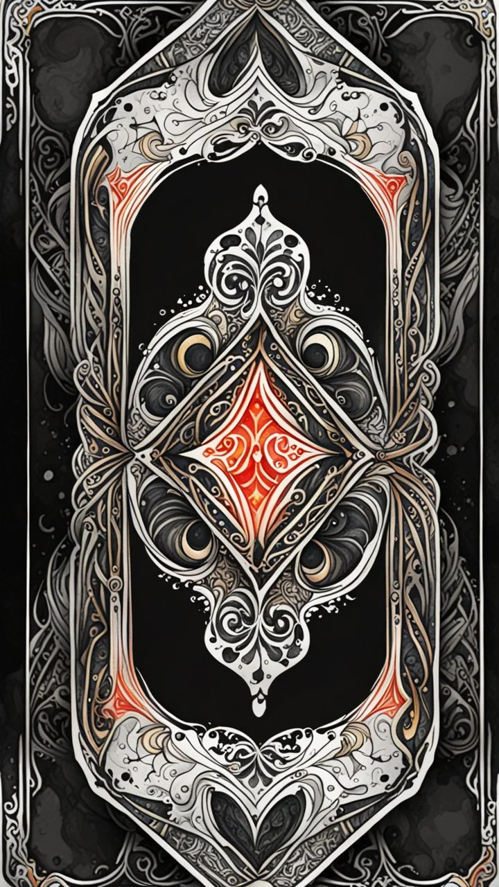 create a full color, ink wash and watercolor, ornate abstract expressionist arabesque style bordered symmetric playing card template on a black background