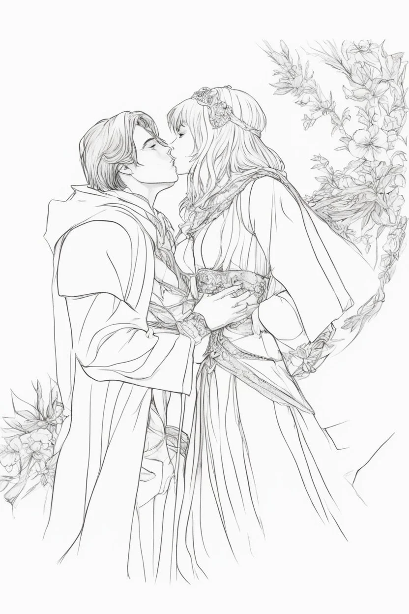 Couple from dnd passionate kiss, woman with white hair wearing a dress, man with long black hair tunic and red cloak.