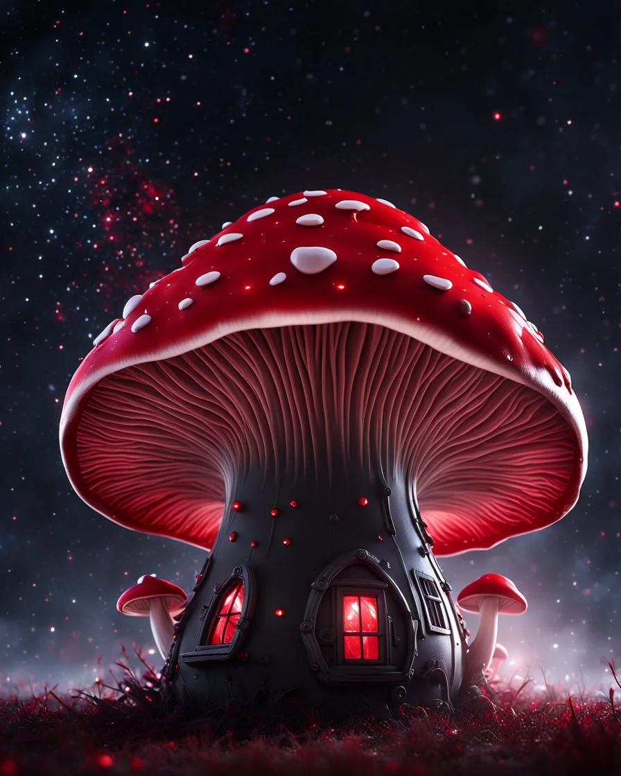 An illogically floating mushroom house on a clear night. white red black, Stars Dark cosmic interstellar. Detailed Matte Painting, deep color, fantastical, intricate detail, splash screen, hyperdetailed, insane depth, concept art, 8k resolution, trending on Artstation, Unreal Engine 5, color depth, backlit, splash art, dramatic, High Quality Whimsical Fun Imaginative Bubbly, perfect composition