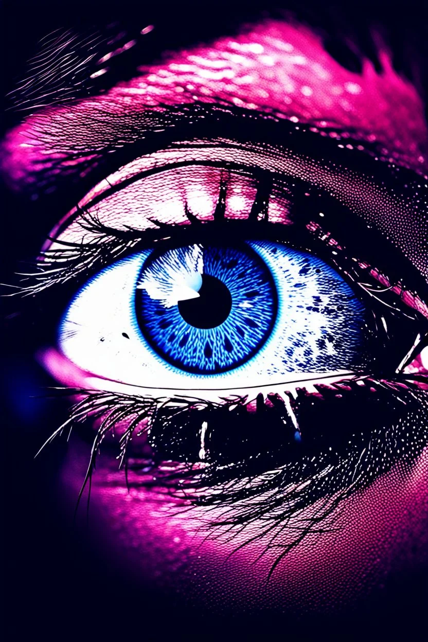 The image features a close-up of a blue eye with a black pupil, surrounded by a blue and white background. The eye appears to be staring directly at the viewer, giving the impression of a piercing gaze. The blue and white background adds a sense of depth and contrast to the image, making the eye stand out even more. The overall effect of the image is captivating and evokes a sense of curiosity and intrigue.