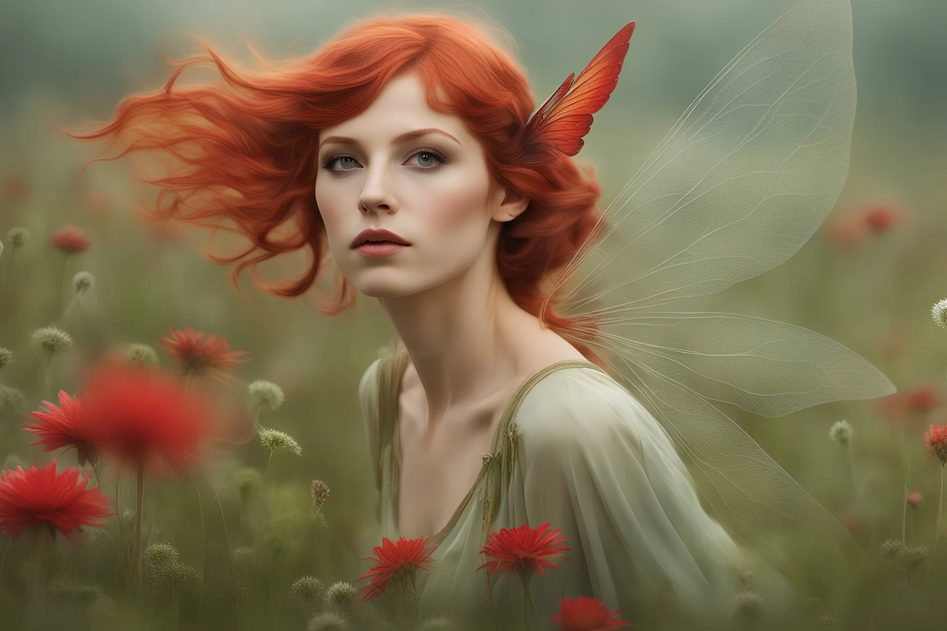 Closeup of the Alexandria Tyler Abercrombie AGE 28 as a pixie in flight with delicate red wings and long elf ears landing on a delicate flower and a misty meadow.