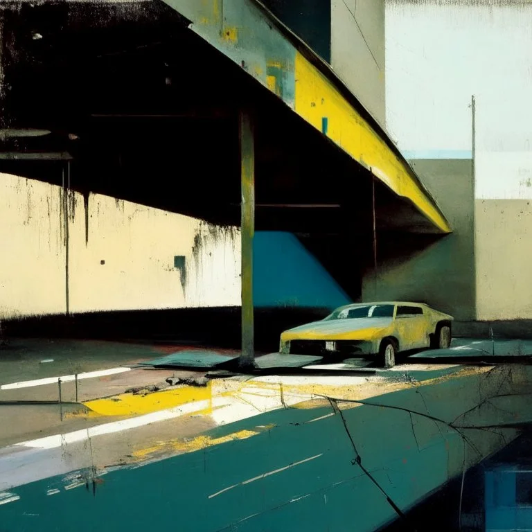 Minimal abstract oil paintings desolate 1960s carpark concrete fragments rough paint graffiti . style of Justin Mortimer and Francis Bacon. road markings.