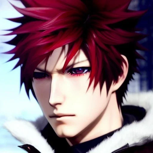 Detailed anime boy, crimson red hair, long classic taper hairstyle, dante dmc5 hairstyle, wolf ears protruding out, white trench coat, intricate details, full body portrait, keep head in frame, slight smile, black Japanese motif, concept art, highly detailed, digital painting, concept art, sharp focus, illustration, art by Yoji Shinkawa, WLOP and greg rutkowski and alphonse mucha and artgerm and yanjun Chen and Junji ito and Makoto Shinkai, HDR, octane render, highly detailed