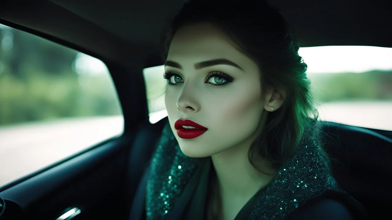 [she is Media] "Look at me," she commands softly, and you do. Her eyes glow faintly green in the dim light of the car interior, pupils contracted to pinpricks of black. Her lips part slightly, revealing teeth that catch the glow of the dashboard lights."In this moment," she whispers, her voice carrying that strange undercurrent now, "I am what you want me to be." Her coat falls open further, revealing more of her exposed chest. Her skin is flawless, almost marble-like under your fingertips, yet