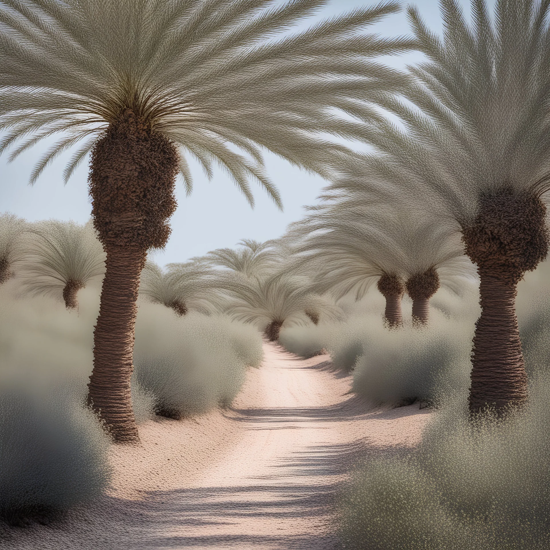 Pirkliy plants stretch alongside a dirt road with palm and olive trees