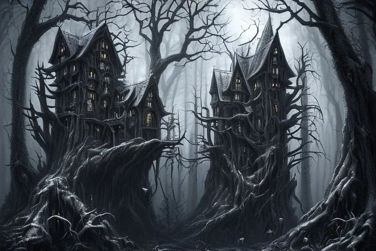  Wednesday Adams, black and white, tall narrow scary house , pointy roof, cursed trees , dense dark forest, forest background, spiders, bats, bones, Escher style