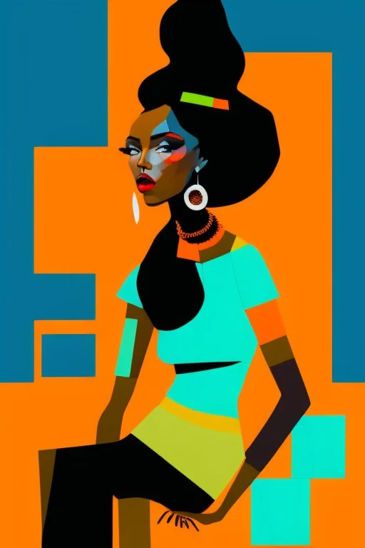 whimsical arafed nonsense stylized abstract portrait of a woman with dark bob hair, seated with arms crossed, (((exaggerated body parts))), (((oversize head))), in vibrant orange dress and black accents around wrists, background is blend of bold beige and drab patchwork vibe, cyan tints, rainy whimsical afternoon, sharp color contrasts, amazing shadows, minimal cozy, color leak, heavily distorted views, amazing parallels