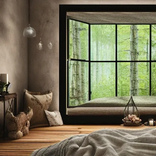 a gorgeous, stunning nature room facing a huge window with forest view, multiple pillows on rustic wood floor, soft, crumpled blankets, many candles, foliage, tranquil, cozy, 8k resolution, high-quality, fine-detail, zen-like, digital art, detailed matte, volumetric lighting, illustration, 3D octane render, brian froud, howard lyon, selina french, annie stokes, lisa parker, greg rutowski,