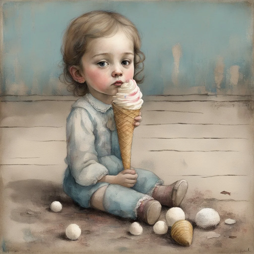 Little girl who has dropped an ice cream cone on ground and is looking at it sadly, by Julie Arkell, artistic, profound, dramatic, digital illustration