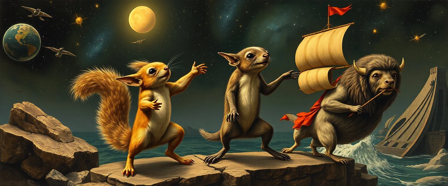 squirrel gremlin dog bison badger star ship bridge captain dancing in the style of Rembrandt and Escher and Goa Trance Poster