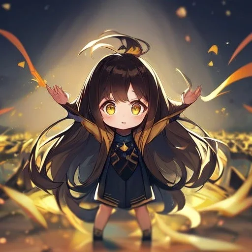 Clear focus, High resolution,a anime kid, roughline skecth, cute, cartoony style, brown long hair, yellow eyes, 1 yellow streak in hair, Half Chibi