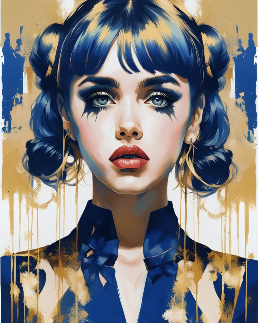 Poster in two gradually, a one side the Singer Danish MØ face and other side the Singer Melanie Martinez face, symmetry, painting by Yoji Shinkawa, darkblue and gold tones,