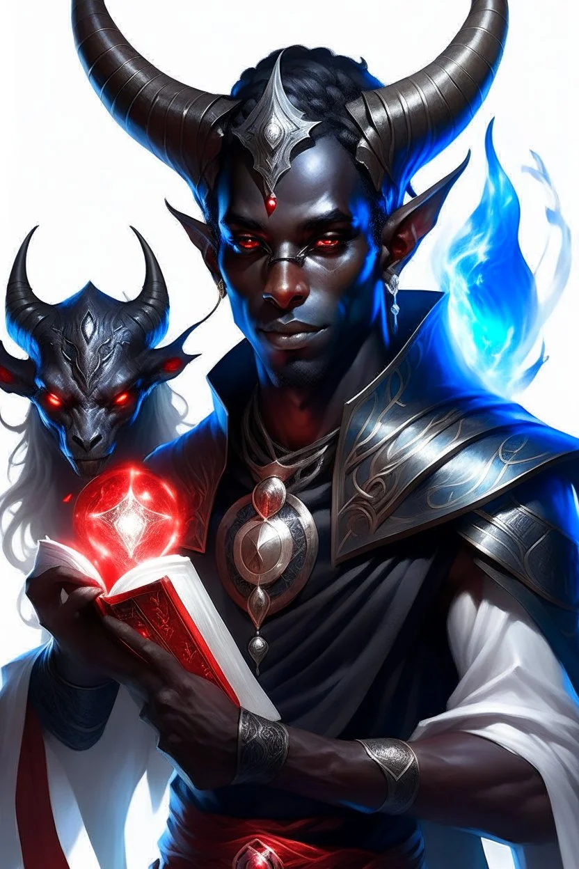 En Young male black skin tiefling fra dnd holding a book with Arcane Magic in a silver and White Rope. His horn a perfectly place on acet from the front to the back pointing upwards with glowing Red cat Eyes glowing Blue Arcane Magic around them ice crystals flowing around him. His close is elegant get simple. A black cat with red eyes Sitting on his Shoulder