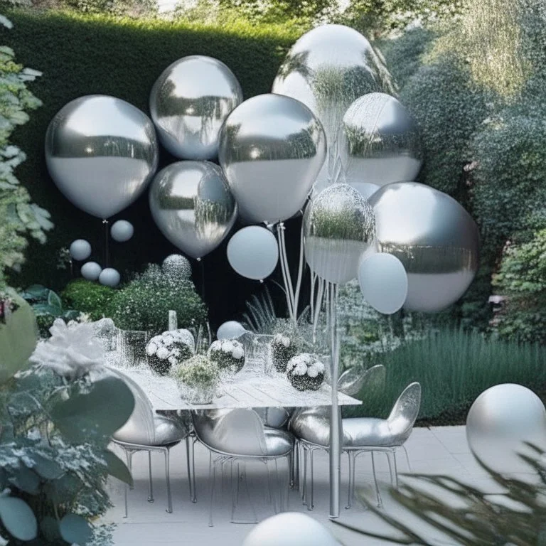 A picture of a modern garden with silver balloons and other party decoration