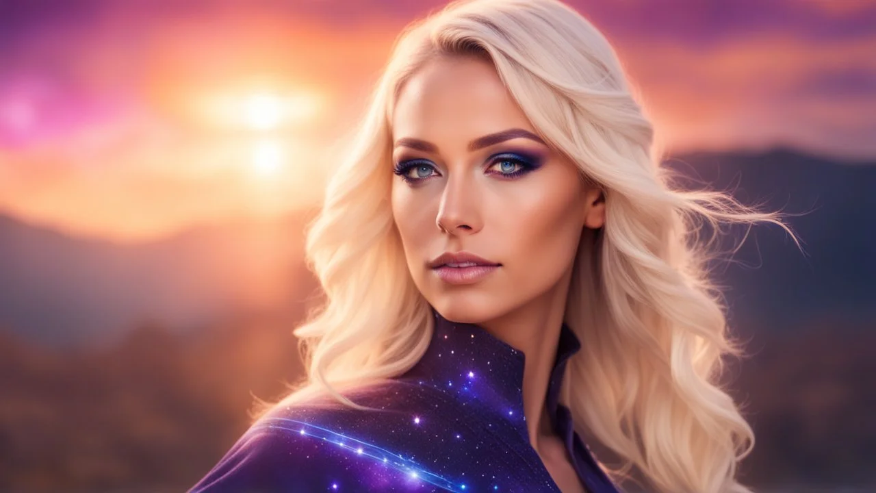 Full body portrait of a peaceful ((smiling)) gorgeous blonde Goddess of the galaxies with a blue indigo purple skin, high skul, luminous eyes in a galactic sunset