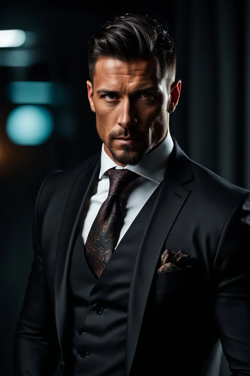 portrait of a 35 year old Handsome, rugged and muscular male leader with lightly tanned skin and tattoos. Dark hair cut short and a goatee beard. wearing a three piece suit. photorealistic