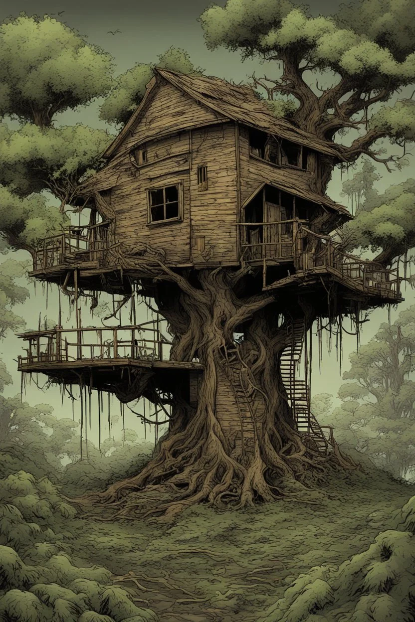 tree house , overgrown apocalyptic background, comic book,