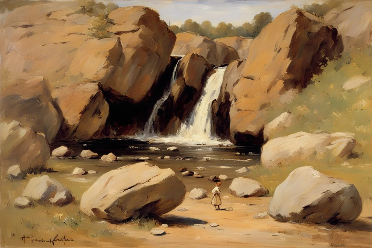 Sunny day, rocks, waterfalls, rocky land, mountains, friedrich eckenfelder and alfred stevens impressionism paintings