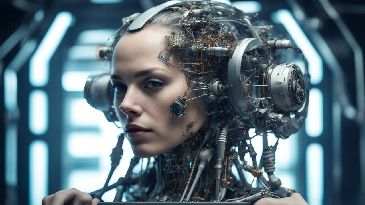 Cybernetic engineer conceiving and constructing fantastical cybernetic creations that redefine the laws of nature, portrait shot
