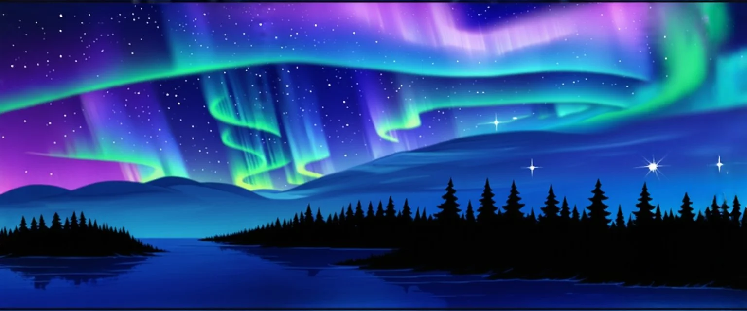 northern lights over trees and water. redraw in a whimsical hand drawn style.