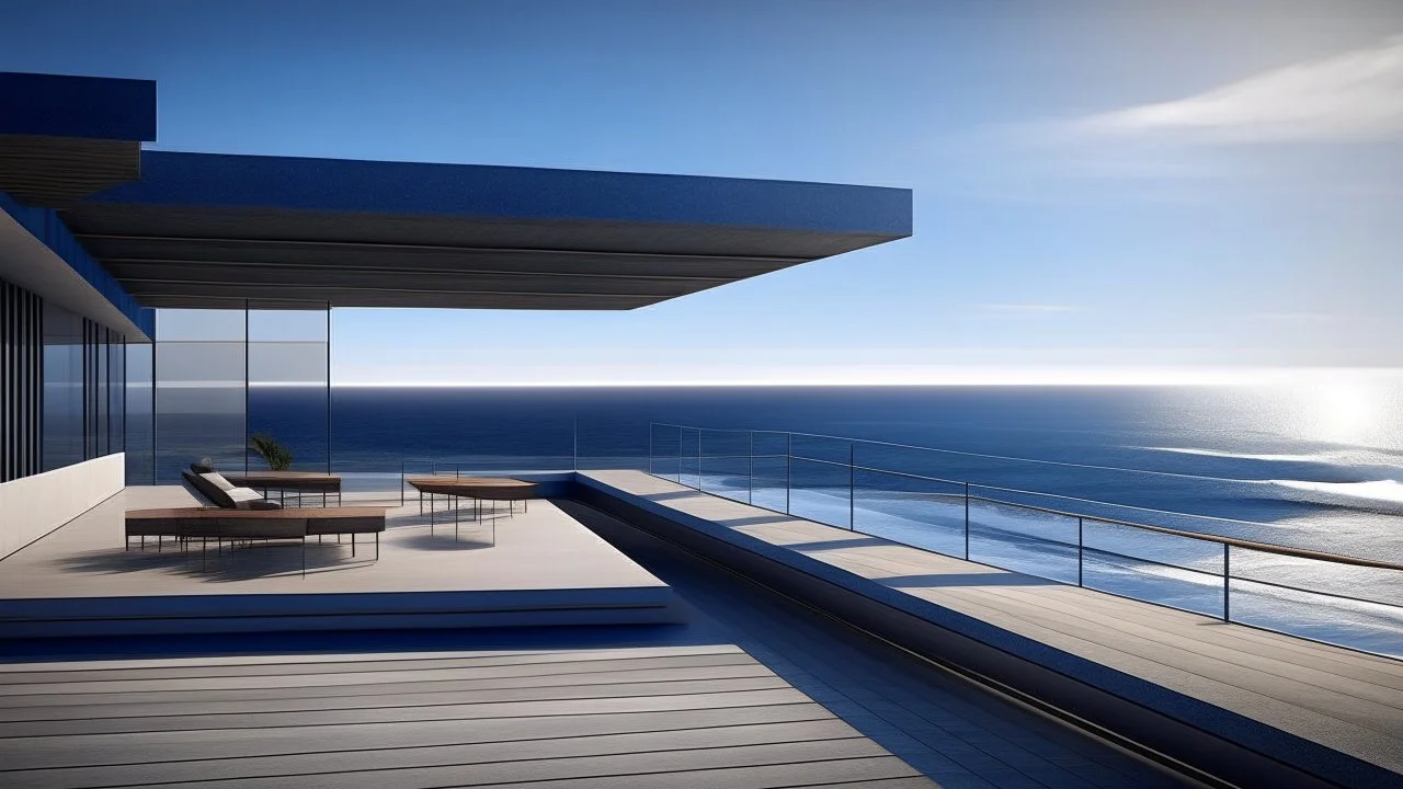 The social area showcases a grand elevated platform made of large, staggered stone slabs, designed for optimal ocean views. A sleek light eave rises above, shielding the area from summer rains and winter light. The architectural layout creates a wind tunnel effect, allowing for a refreshing breeze to flow through, with the beach visible just beyond the platform., navy blue, cherry red and soft cream color scheme, 8bits