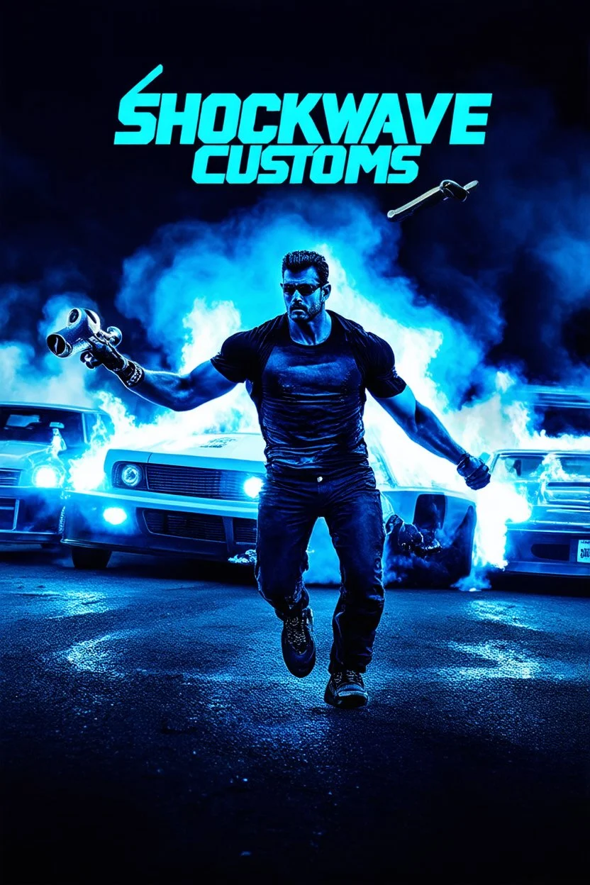 "Design a 90s-style action movie poster titled 'Shockwave Customs' with a blue theme and blue flames. Feature a super heroic mechanic in the foreground, fiercely battling thousands of adversaries with a spanner. In the background, show cars doing burnouts, creating a dynamic and intense scene. Capture the high-energy, gritty aesthetic of classic 90s action films. Prominently display the subtitle 'mmechanic negotiator' in bold, impactful lettering."