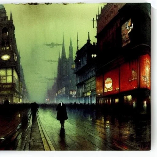 Corner building Metropolis ,dark colours, watercolor, by john atkinson Grimshaw, detailed painting,matte painting, alphonse mucha, greg rutkowski,dynamic light