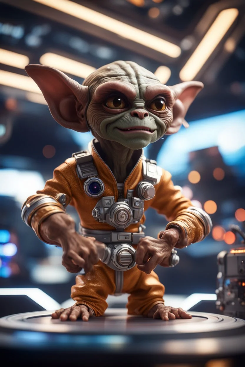 pen outline, really macho pimp gremlin dhalsim captain that go hard sitting in space station cockpit , in front of space portal dimensional glittering device, bokeh like f/0.8, tilt-shift lens 8k, high detail, smooth render, down-light, unreal engine, prize winning