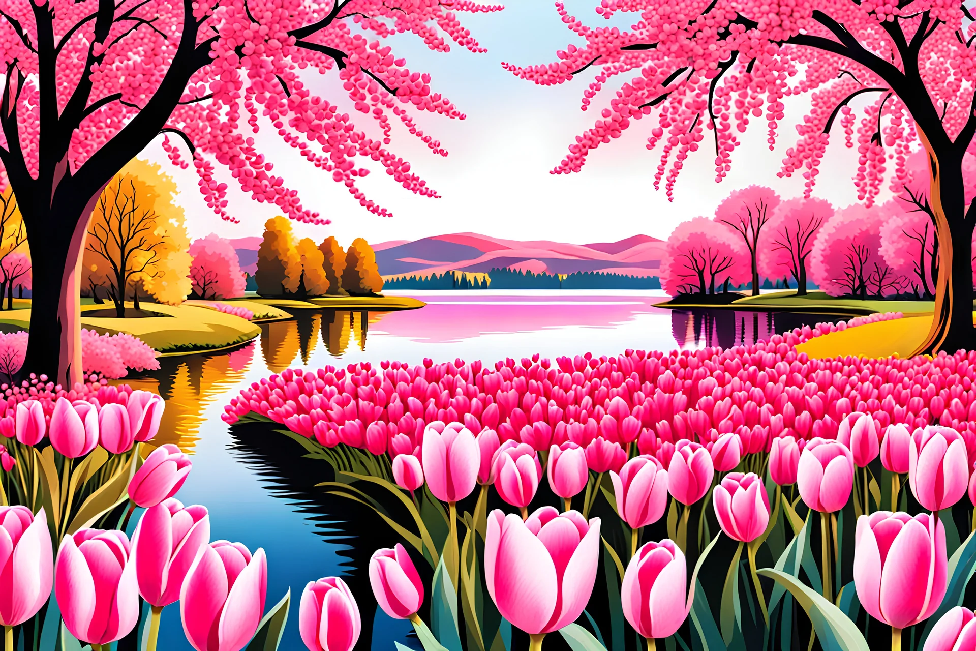 an English garden with pink tulips, pink, parma, or gold light effects colors, pink tulips, blooming trees, lake, highly detailed, high contrast, 8k, high definition, realistic, concept art, sharp focus