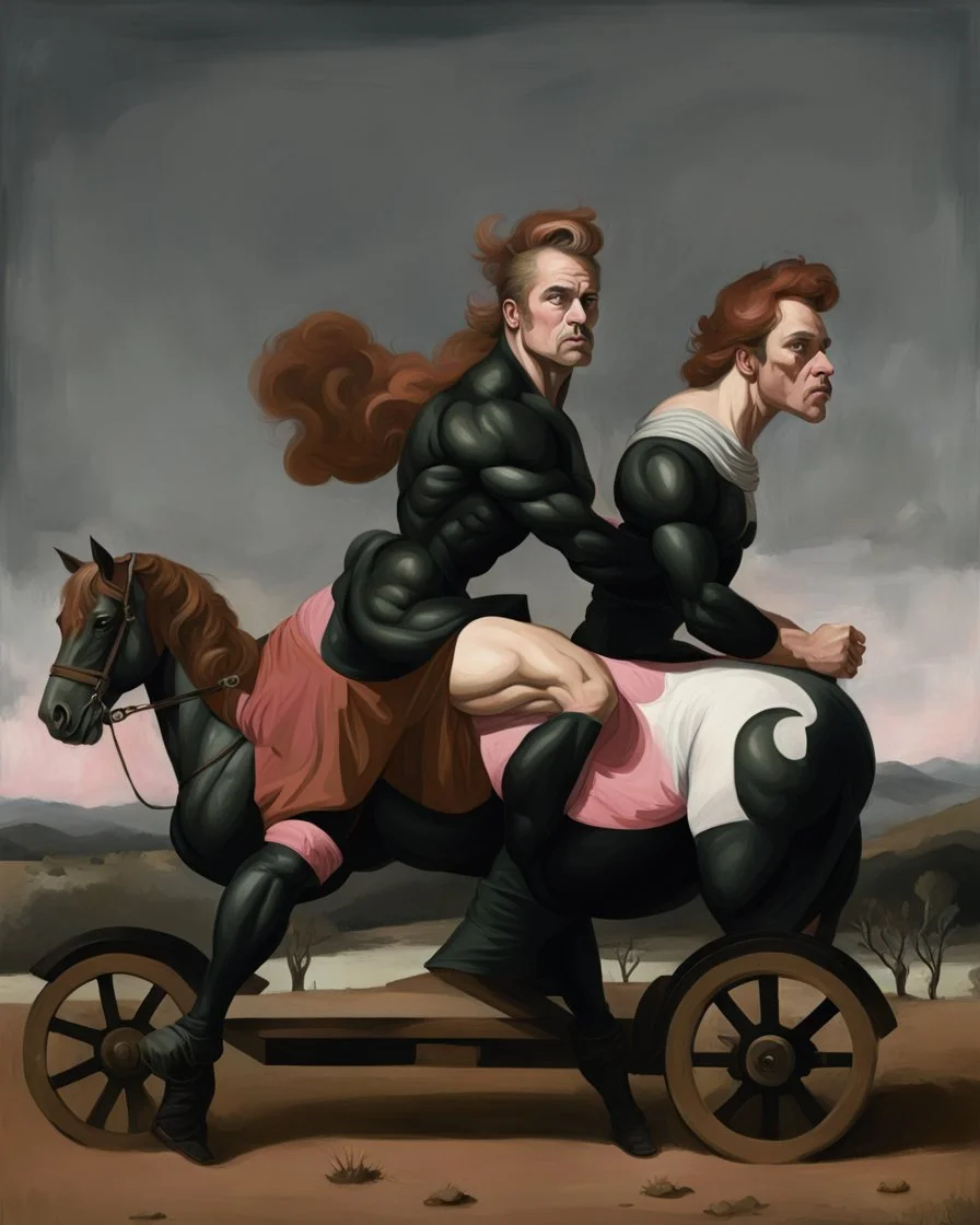 a big muscle man sitting on a pink horse in hills like a 19th painting