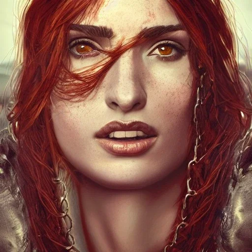 best quality, realistic lighting, masterpiece portrait of Penélope Cruz, details, red hair, emerald eyes, light dusting of freckles, cowboy shot from above, simple chain hauberk, warhammerVector art matte painting digital illustration 3D shading CryEngine Behance HD 3Delight