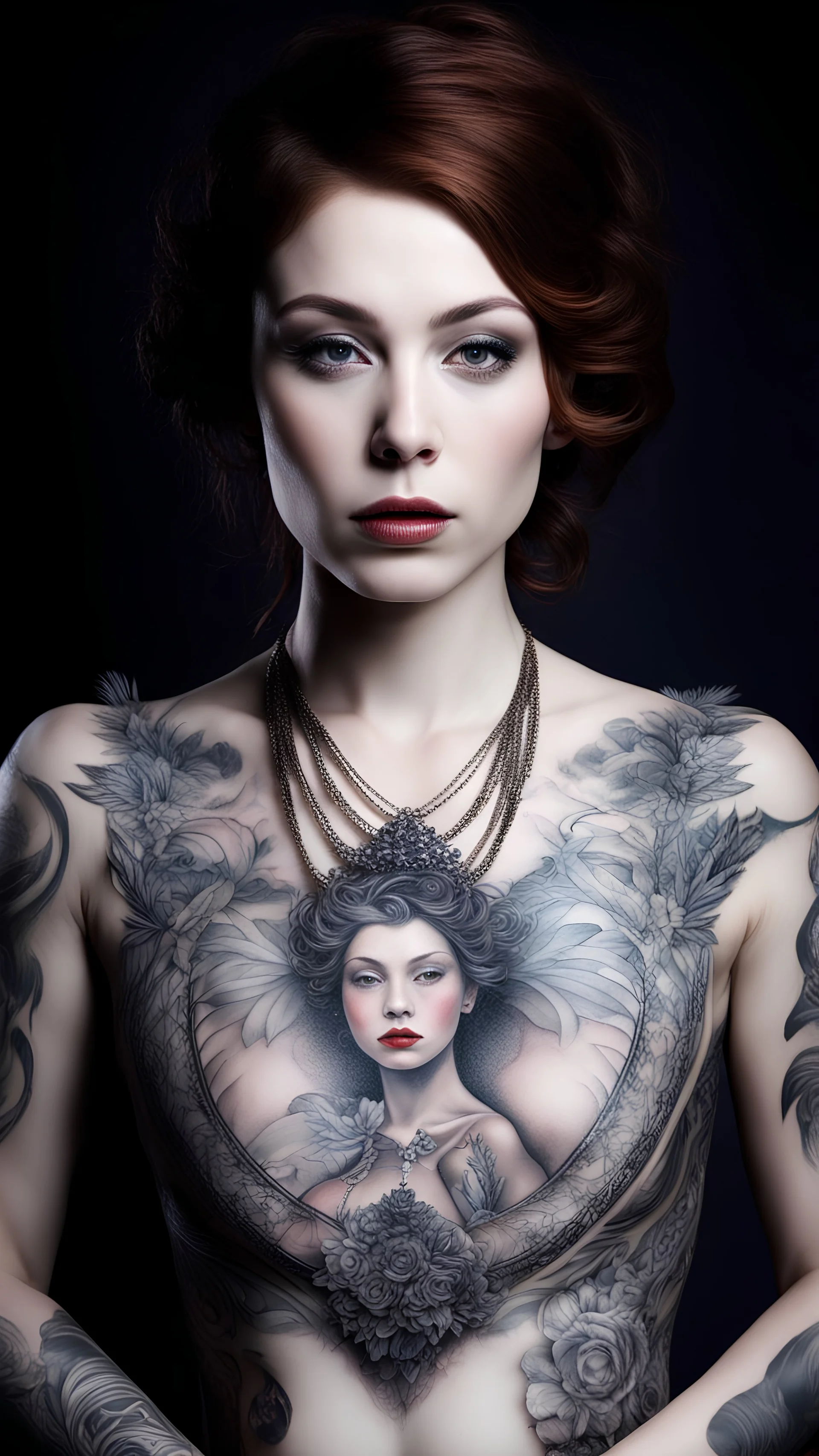 (front view, medium shot)Create a captivating visual narrative featuring Woman A, (front view, medium shot) Now, envision a tattoo on Woman A's chest, this tattoo is a portrait of a human female,who is also wearing a red dress. this is the only tatoo on Woman A, and it is a large in size. Woman A is wearing a shirt that covers her chest yet still allows full view of the human female tattoo