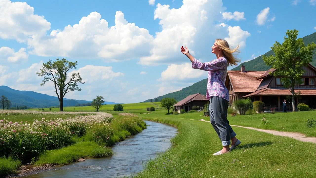 beautiful yaung german blonde lady in pants and shirt is dancing and singing in country side next to narrow river ,flowers blosome pretty clouds in blue sky ,few nice trees and country houses