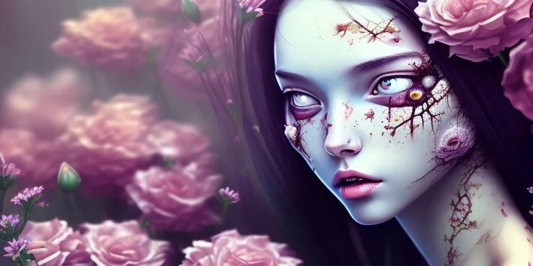 girl buried in flowers, dead, decaying, beautiful