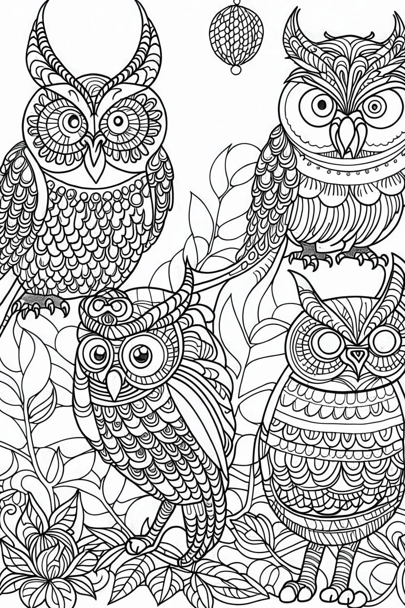 A cute peaceful forest with wise owls and calming patterns, Coloring page for kids, cartoon style, thick outline, low details, no shading, no color