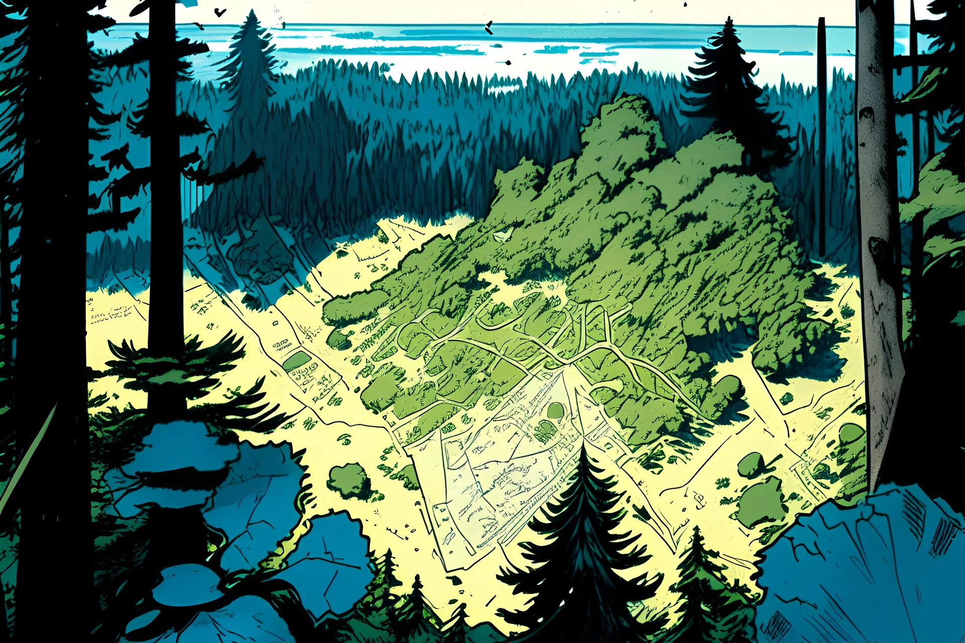 a map, forest,, comic book,, , blue sky,