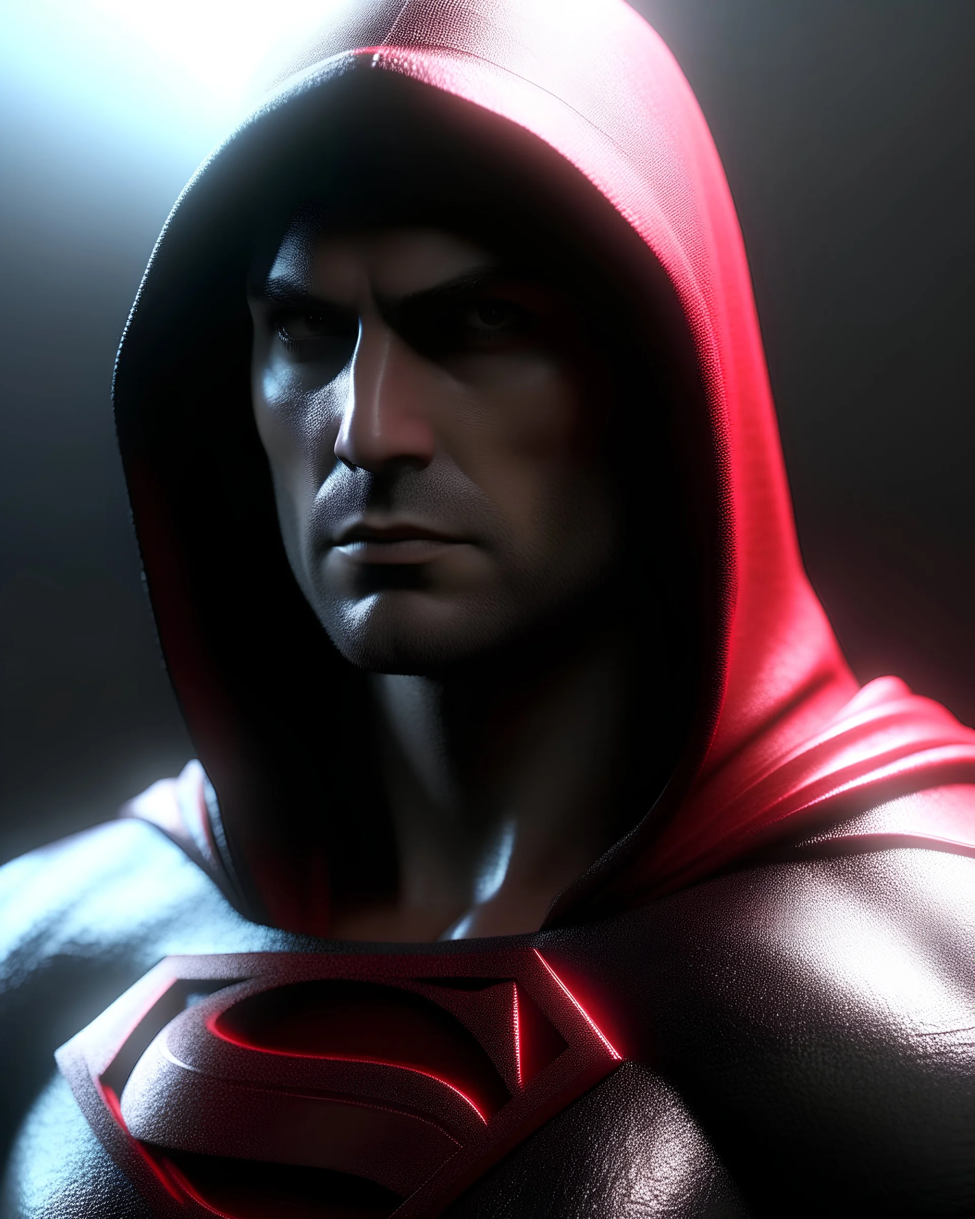 Photoreal Gorgeous muscular Stealthy hooded superman Ripley Scott alien style with red glowing eyes in black fog by lee jeffries, 8k, high detail, smooth render, unreal engine 5, cinema 4d, HDR, dust effect, vivid colors