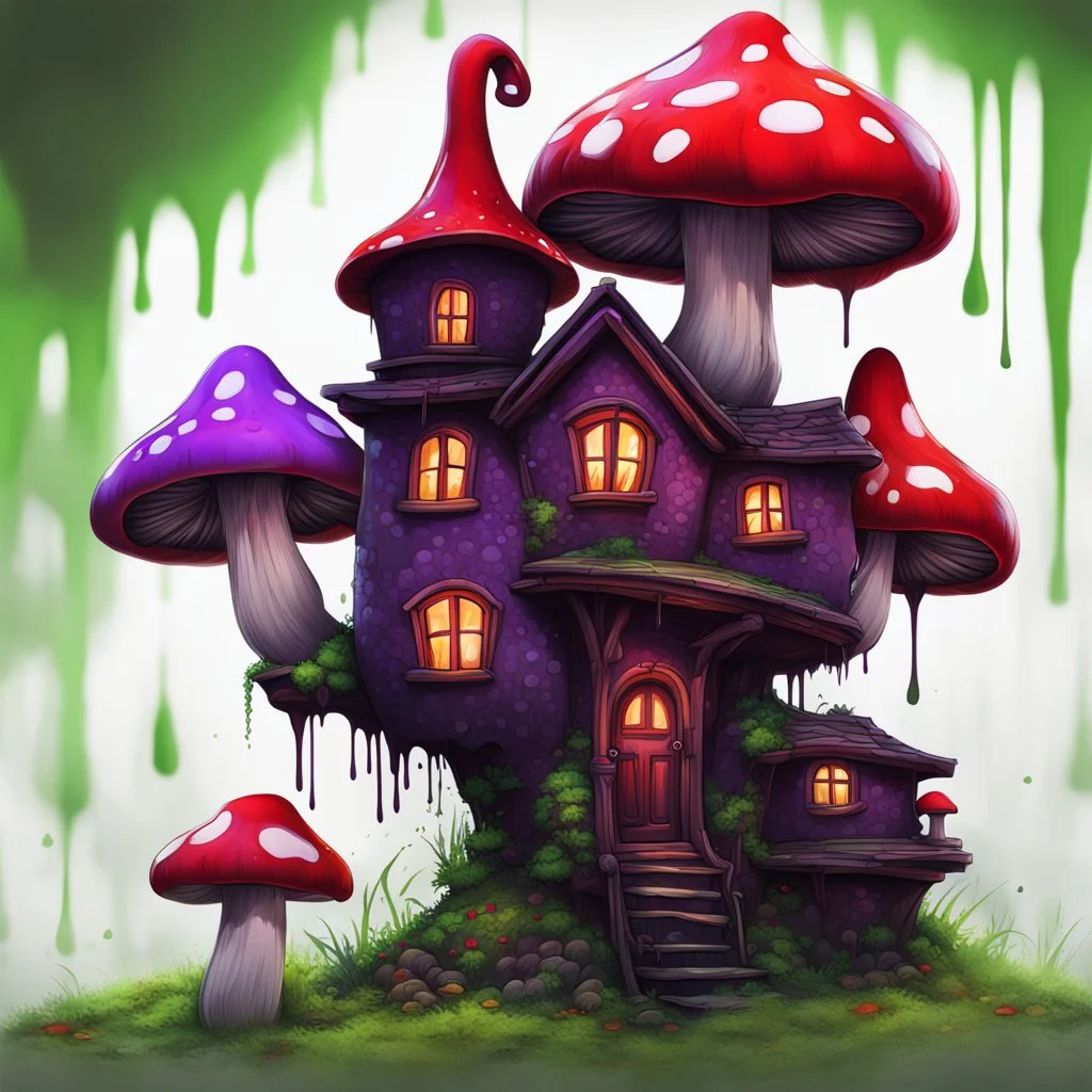 A weird mushroom house with drippy spots on a floating space island. black purple red green. Detailed gloss Painting, rich color, fantastical, intricate detail, splash screen, hyperdetailed, insane depth, concept art, 8k resolution, trending on artstation