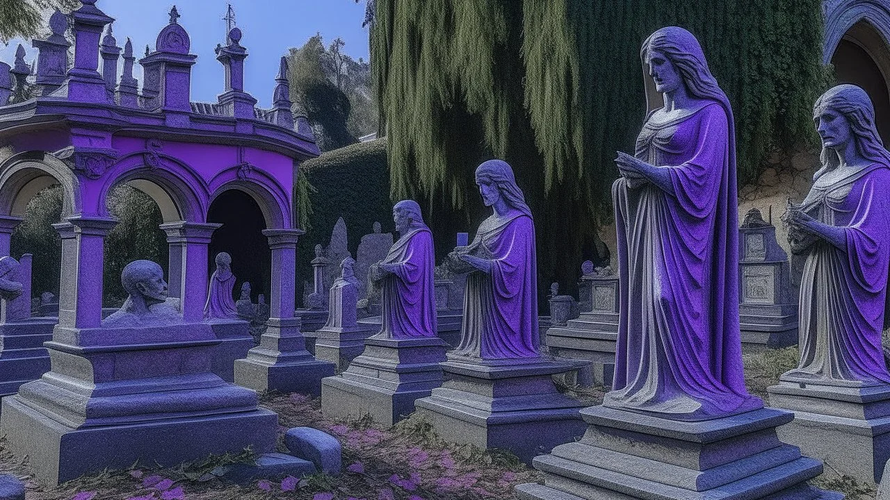 A purple graveyard filled with ghosts near a mansion painted by Leonardo da Vinci