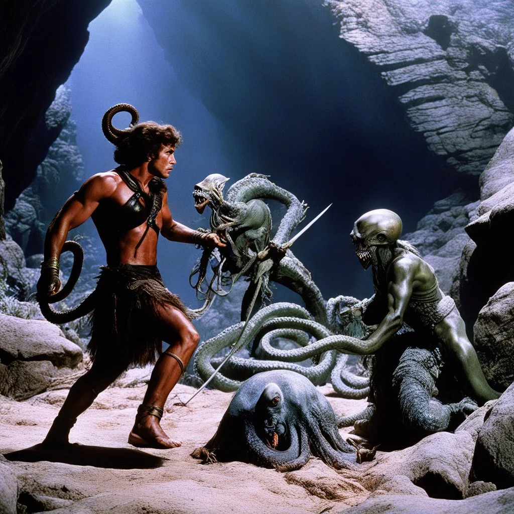 [colour high res photo: Jason and the Argonauts (1963) the octopus fight] In the aftermath of the savage battle in the alien cave, Surpanakha emerged as a force to be reckoned with. Her vengeance, fueled by a primal fury that knew no bounds, had left a trail of devastation in its wake. The giant velvet alien tendrils that once sought to ensnare her now lay shattered and defeated, no match for her relentless determination.