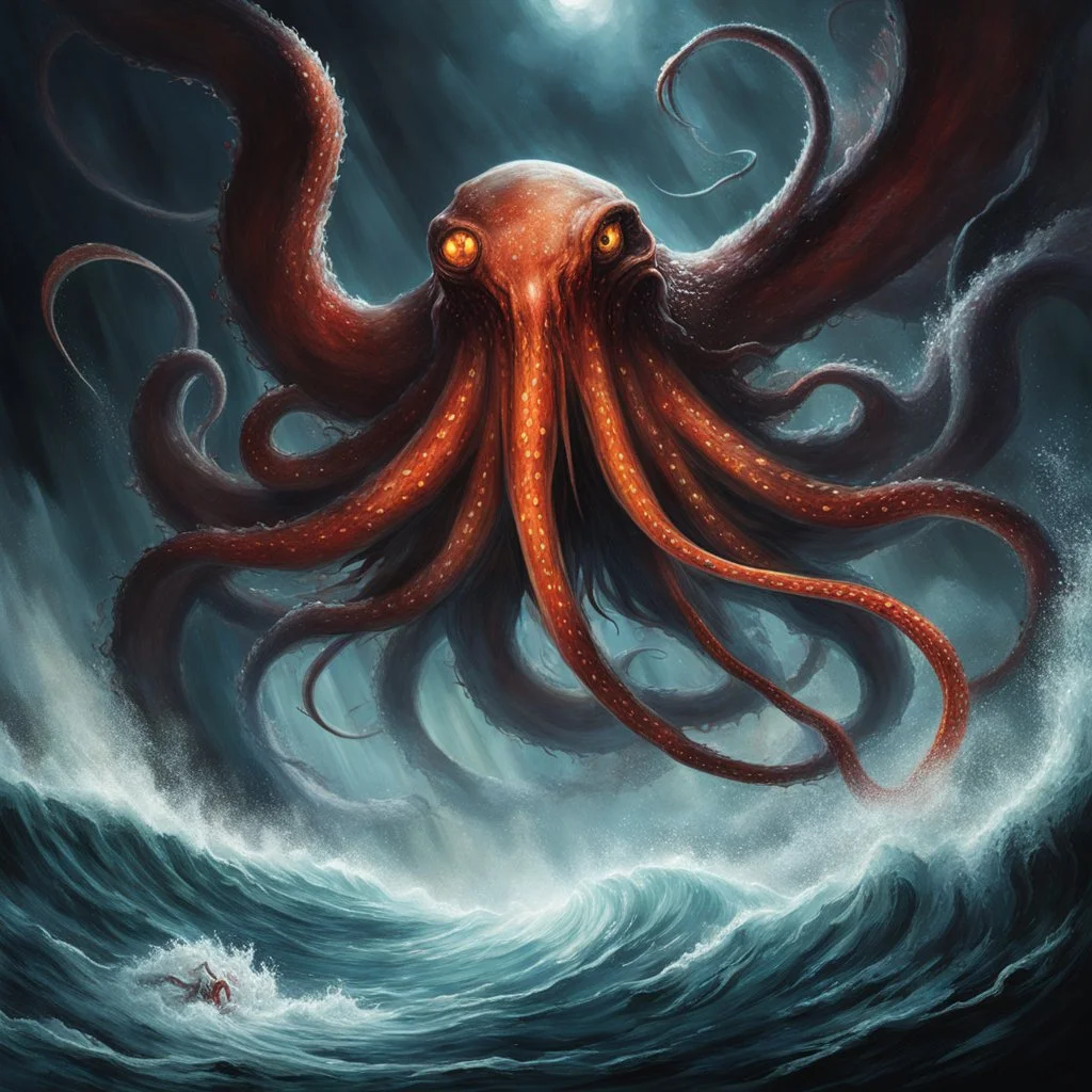 The squirming tentacles of the Giant Squid coil around the Balrog, attempting to ensnare it within their slimy grasp. But the Balrog, infused with an infernal resilience, resists the suffocating embrace, its whip slashing through the water, its fiery lash searing the flesh of the cephalopod. Each strike reverberates through the cavern, a symphony of clash and sizzle. The battle rages on, the clash of elemental forces echoing through the cavern's depths. The Giant Squid, with its immense strength