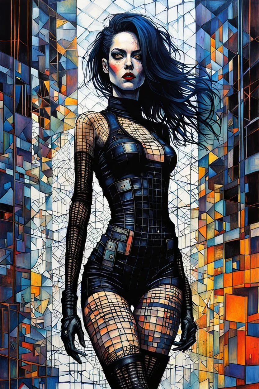 Create chaotic abstract cubist full body portrait of an epic raging science fiction fantasy hardcore mercenary Goth cyberpunk dead girl , with finely lined and detailed facial features, in a tattered gothic dress, fishnet stockings ,battered combat boots, in the style of Bill Sienkiewicz, Philippe Druillet, Gustav Klimt, and Jean Giraud Moebius, precisely drawn, colored and inked