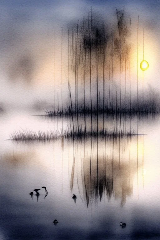 Reeds, lake, reflection, sunrise, Misty morning, ducks on the water, birds in the sky smooth intricate high definition beautiful lighting pencil sketch watercolor polished warm light LNF