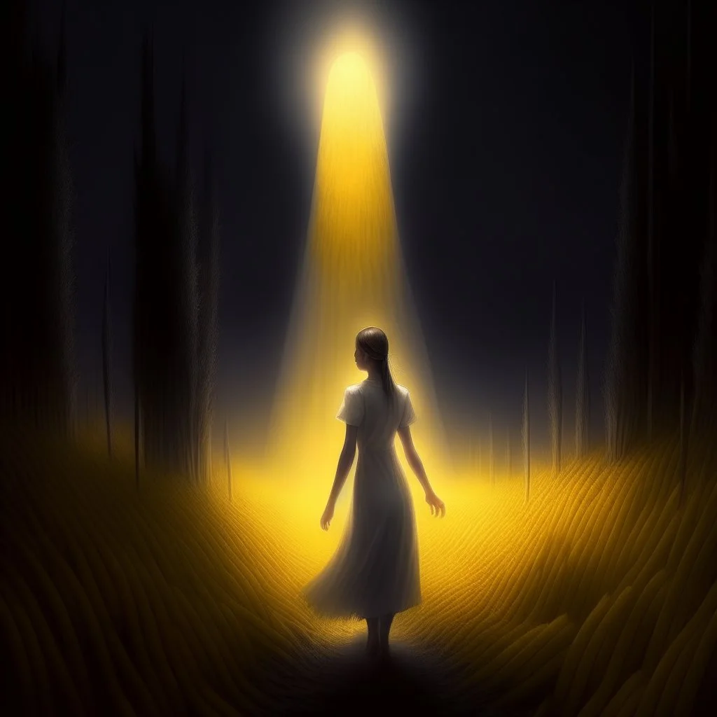 High concept art, impressionist, by Zdzislaw Beksinaki and Anton Semenov, digital illustration, in an empty field at midnight woman in dirty white smock levitating caught in a cone of yellow bright light, back arched arms behind her being pulled upwards, sinister, concept art, oddball masterpiece, sfumato, complex contrast