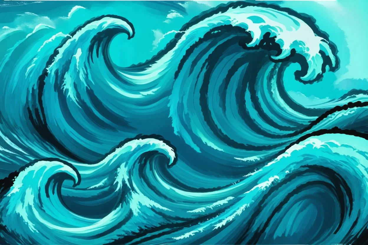 a background of a fun stylized waves with black linework, blue teal tones, surf culture